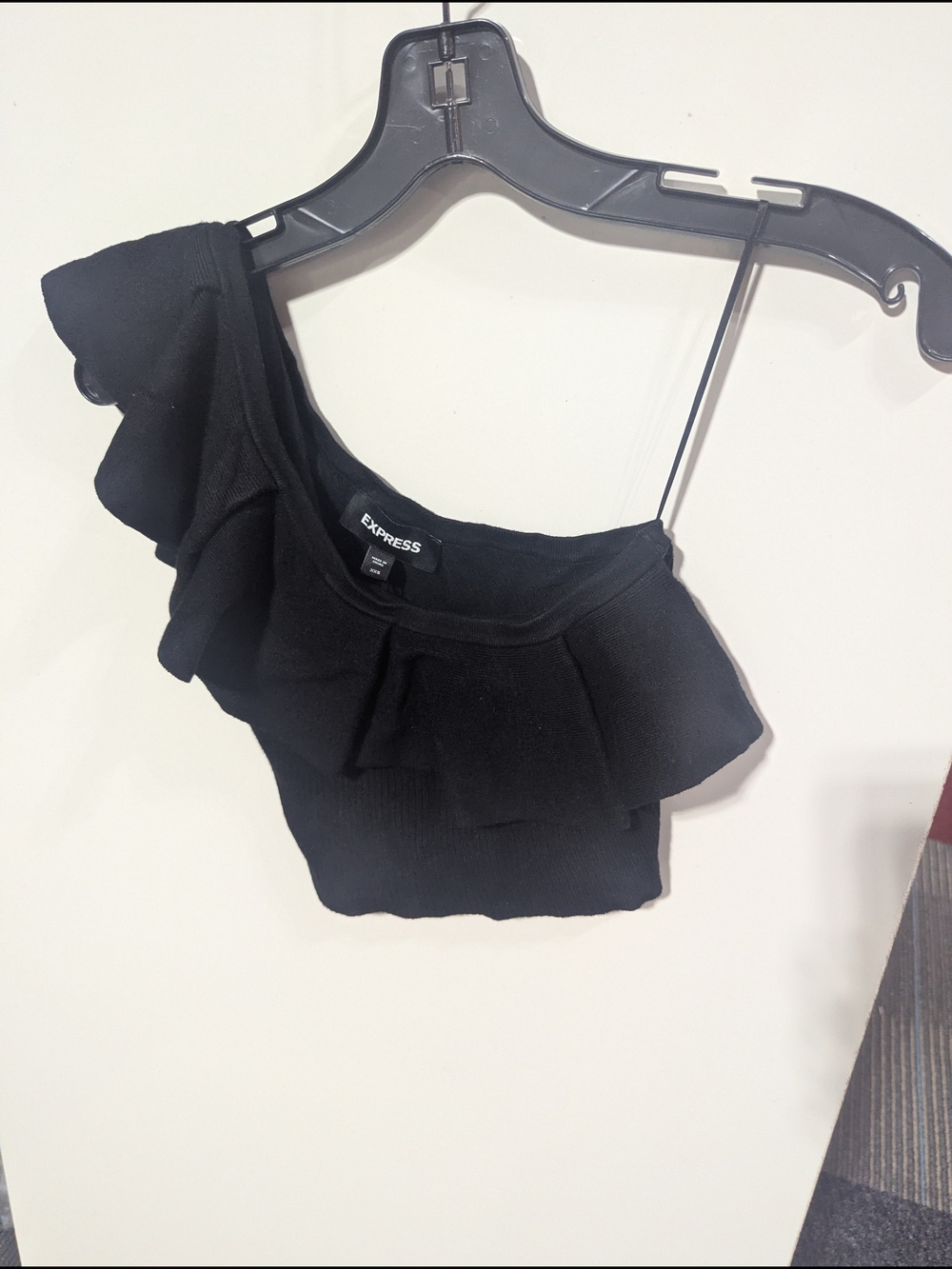 Express Black One-Shoulder Ruffle Crop